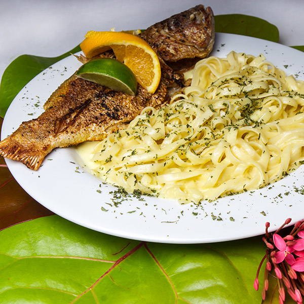 Whole fried snapper with fettuccine alfredo, orange and lime